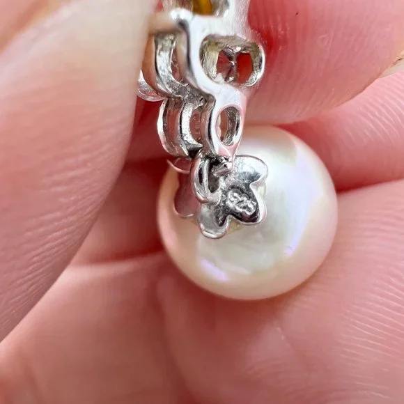 White 14K and Sterling Silver CZ Drop Faux Pearl Earrings - Picture 4 of 6